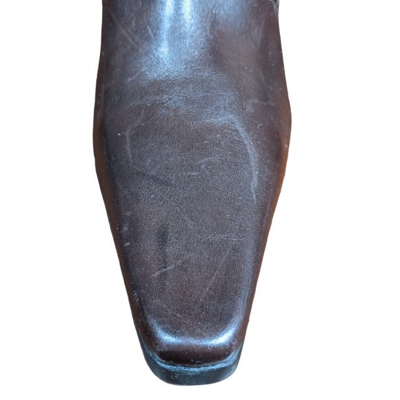 Ankle Boot Brown 10B Square Pointed Toe Metallic Bronze Stitching Rectangle Heel - Picture 10 of 16